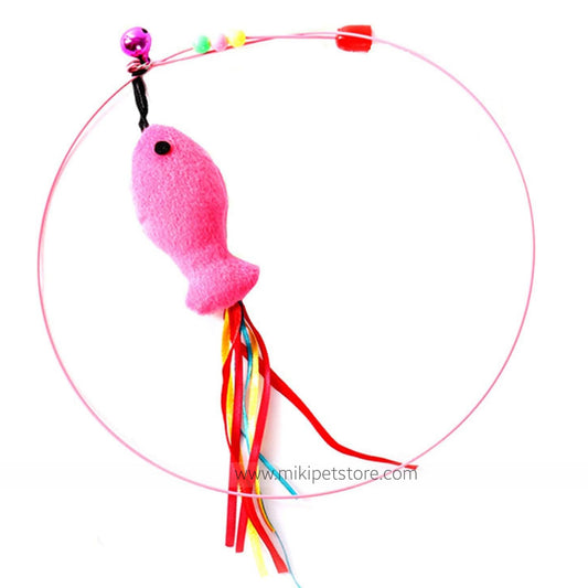 Interactive Steel Wire Cat Teaser Toy with Feather, Plush Fish, and Mouse