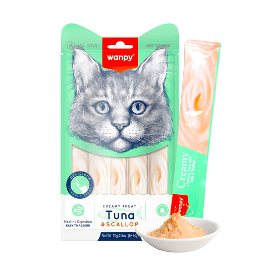 Wanpy Creamy Lickable Cat Treats – Tuna & Scallop (14gx5)