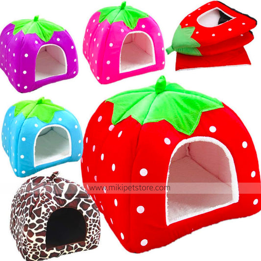 Cozy Strawberry Pet House – Foldable & Warm Kennel for Dogs & Cats