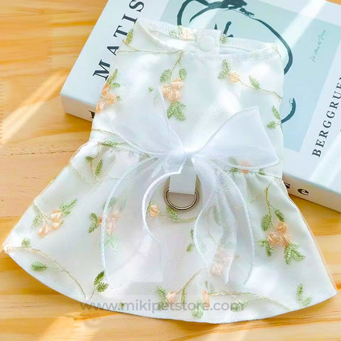 White Flower Bow Dress Spring Summer Outfit for Cats and Small Dogs