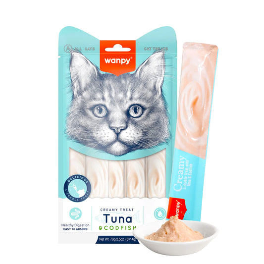 Wanpy Creamy Lickable Cat Treats – Tuna & Codfish (14gx5)