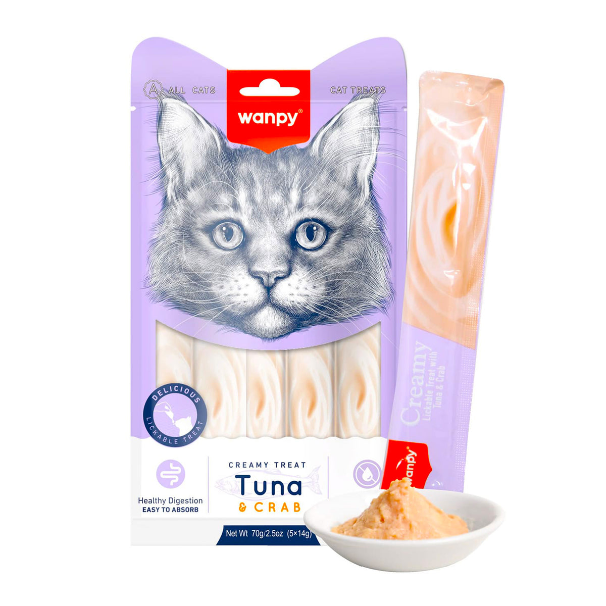 Wanpy Creamy Lickable Cat Treats – Tuna & Crab (14gx5)