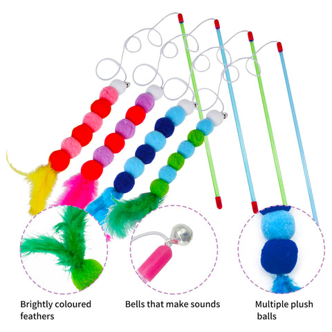 Cat Feather Wand Toys Interactive Kitten Teasers with Bell and Plush Balls