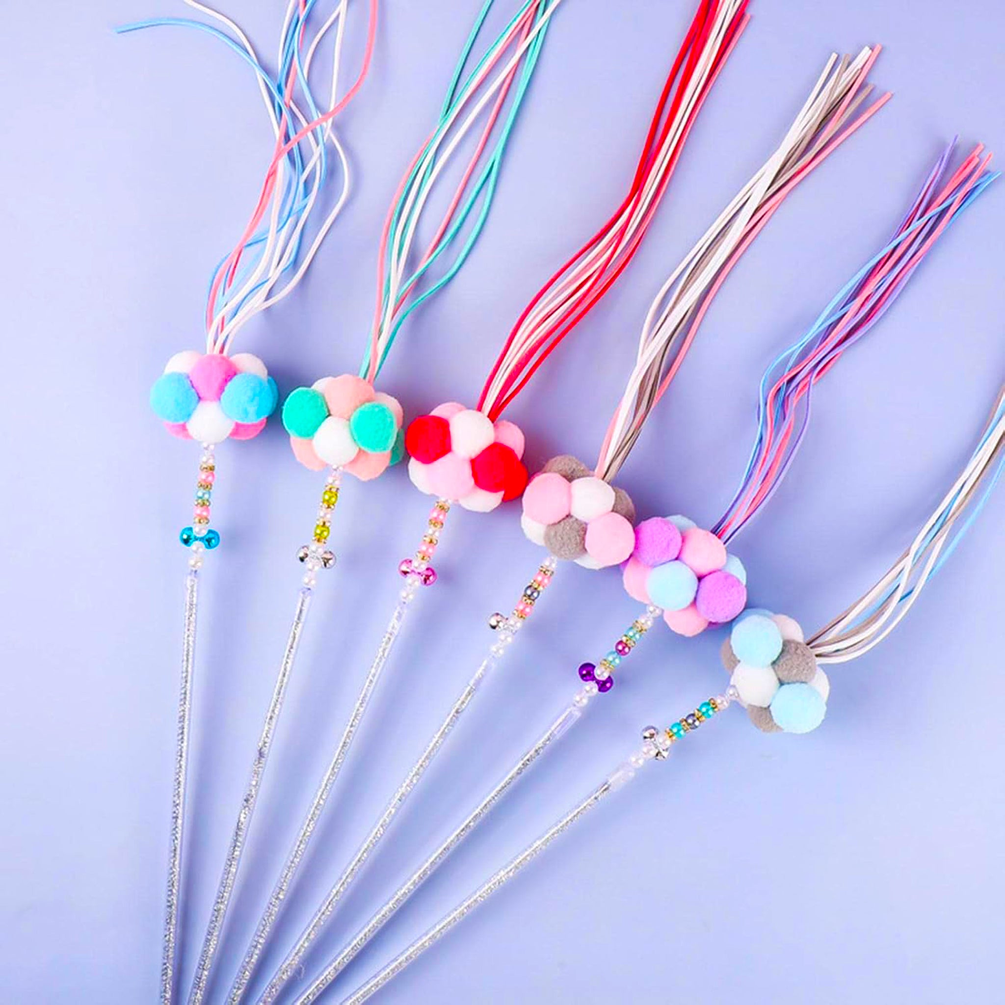 Cat Teaser Wand Toy – Long Rod with Plush Balls & Bell for Interactive Play
