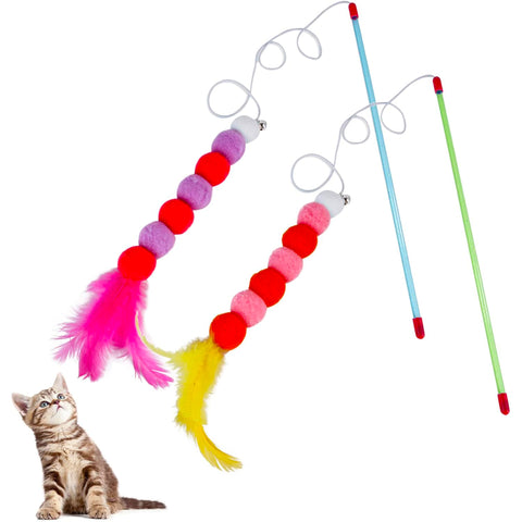 Cat Feather Wand Toys Interactive Kitten Teasers with Bell and Plush Balls
