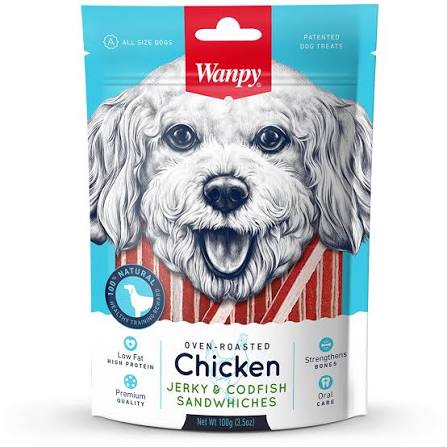 Wanpy Oven Roasted Dog Treat Chicken Jerky & Cod Fish Sandwiches 100gm