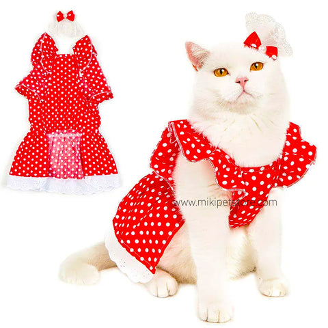 Pet Dress Flying Sleeve Polka Dots Printing Cat Small Dog Dress
