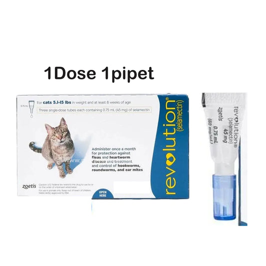 Revolution Spot On For Cats 45mg Treatment for Fleas And Ear Mites for CATS & KITTENS (1 Pipe 5.1-15lbs  2.6-7.5kg)