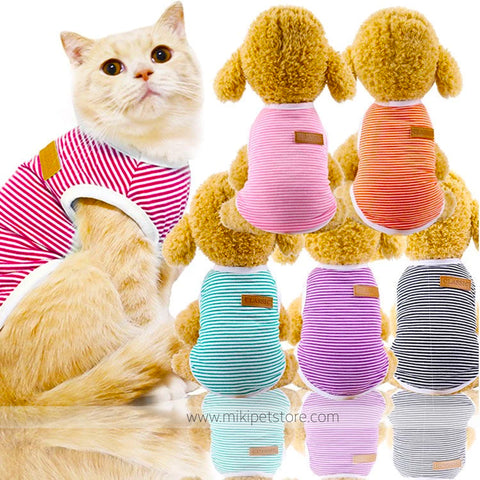Striped Cotton Pet Vest with Teddy Bear Design