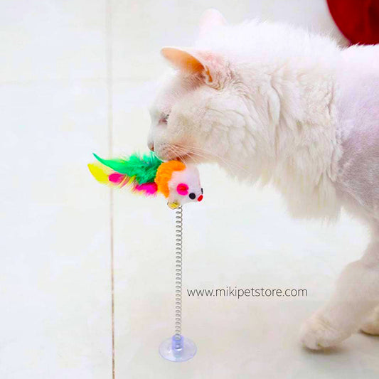 Elastic Spring Mouse Feather Toy – Interactive Plush Toy with Suction Cup for Cats