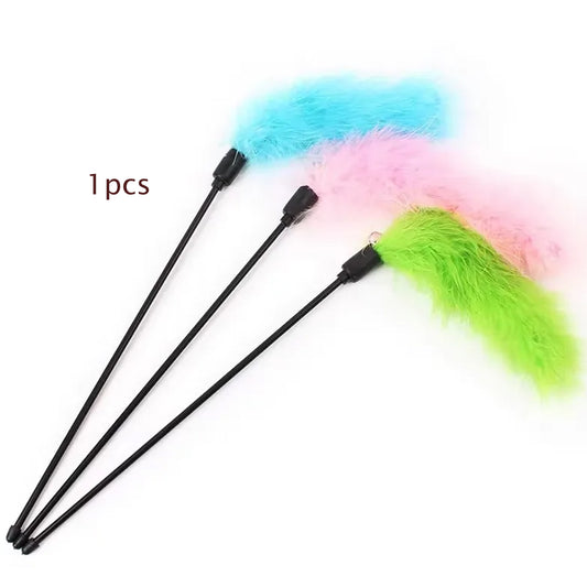 Cat Teaser Stick Toy with Colorful Turkey Feathers – Interactive Play for Cats