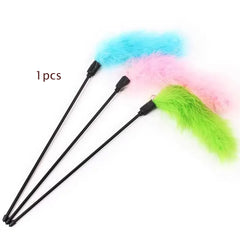 Cat Teaser Stick Toy with Colorful Turkey Feathers – Interactive Play for Cats