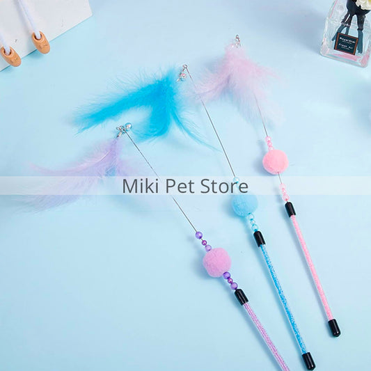 Cat Teaser Wand with Feather & Bell – Interactive Rainbow Ribbon Toy for Kittens, Perfect for Training and Play